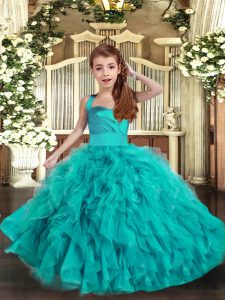Ruffles Pageant Dress for Girls Aqua Blue Lace Up Sleeveless Floor Length