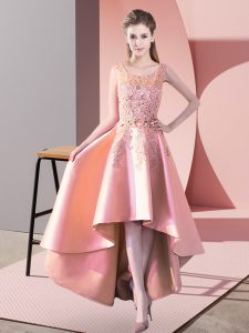 Fitting High Low Zipper Court Dresses for Sweet 16 Peach for Wedding Party with Lace