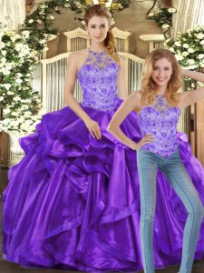 Stylish Purple Organza Lace Up Quince Ball Gowns Sleeveless Floor Length Beading and Ruffles