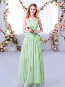Fancy Scoop Sleeveless Vestidos de Damas Floor Length Lace and Belt Apple Green Tulle