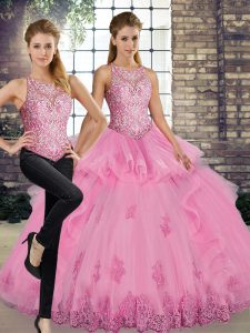 Rose Pink Sleeveless Lace and Embroidery and Ruffles Floor Length Quince Ball Gowns