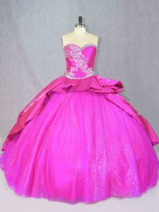 Sumptuous Hot Pink Ball Gowns Sweetheart Sleeveless Satin and Tulle Court Train Lace Up Beading and Embroidery Quince Ball Gowns