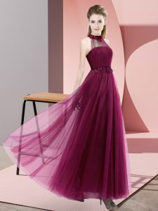 On Sale Fuchsia Bridesmaid Gown Wedding Party with Beading and Appliques Halter Top Sleeveless Lace Up