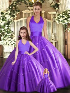 Superior Tulle Halter Top Sleeveless Lace Up Beading Quinceanera Dress in Purple