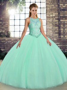 Scoop Sleeveless Lace Up Ball Gown Prom Dress Apple Green Tulle