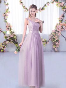 Pretty Floor Length Lavender Bridesmaid Gown Tulle Sleeveless Lace and Belt