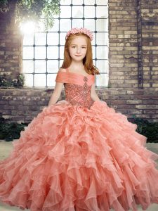 Ball Gowns Girls Pageant Dresses Peach Straps Organza Sleeveless Floor Length Lace Up