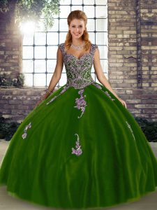 Discount Olive Green Sleeveless Floor Length Beading and Appliques Lace Up Quince Ball Gowns