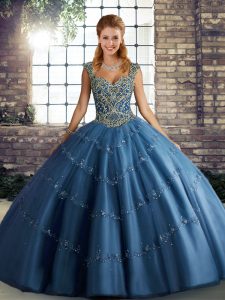 New Style Floor Length Blue Quinceanera Gowns Straps Sleeveless Lace Up