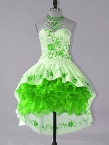 Shining Green Ball Gowns Embroidery and Ruffles Dress for Prom Lace Up Satin and Organza Sleeveless High Low