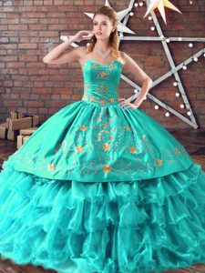 Graceful Aqua Blue Ball Gowns Embroidery and Ruffled Layers Quinceanera Gowns Lace Up Organza Sleeveless