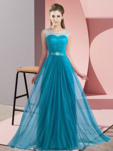 Extravagant Teal Sleeveless Floor Length Beading Lace Up Bridesmaid Dresses
