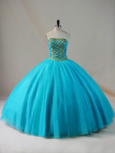 Blue Ball Gowns Tulle Strapless Sleeveless Beading Floor Length Lace Up Quinceanera Gowns
