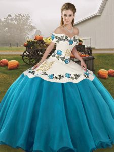 Elegant Blue And White Ball Gowns Organza Off The Shoulder Sleeveless Embroidery Floor Length Lace Up 15th Birthday Dress