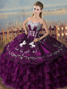 Floor Length Lace Up Sweet 16 Quinceanera Dress Purple for Sweet 16 and Quinceanera with Embroidery and Ruffles