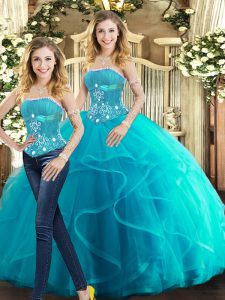 Superior Aqua Blue Sleeveless Tulle Lace Up Quince Ball Gowns for Sweet 16 and Quinceanera