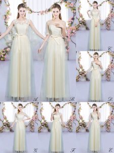 Best Selling Floor Length Champagne Wedding Guest Dresses Tulle Sleeveless Lace and Bowknot
