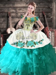 Aqua Blue Organza Lace Up Off The Shoulder Sleeveless Floor Length 15 Quinceanera Dress Embroidery