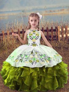 Olive Green Ball Gowns Embroidery and Ruffles Custom Made Pageant Dress Lace Up Organza Sleeveless Floor Length
