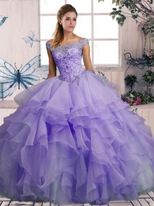 Dazzling Lavender Organza Lace Up Off The Shoulder Sleeveless Floor Length Quinceanera Dresses Beading and Ruffles