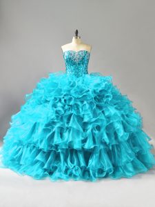 Extravagant Aqua Blue Organza Lace Up Sweetheart Sleeveless Floor Length Sweet 16 Dresses Ruffles and Sequins