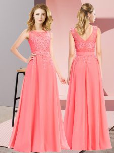 Luxurious Sleeveless Floor Length Beading and Appliques Zipper Bridesmaid Dress with Watermelon Red