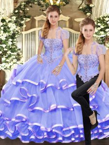 Popular Lavender Lace Up Strapless Beading and Ruffled Layers Sweet 16 Quinceanera Dress Organza Sleeveless
