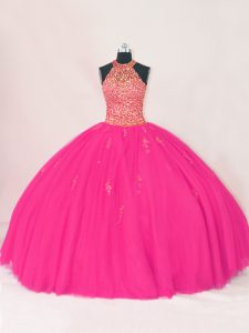 New Style Sleeveless Tulle Floor Length Lace Up 15 Quinceanera Dress in Hot Pink with Beading and Appliques