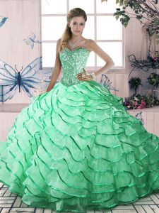 Dazzling Apple Green Vestidos de Quinceanera Organza Brush Train Sleeveless Ruffled Layers