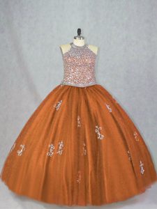 Pretty Brown Sleeveless Beading and Appliques Floor Length Quince Ball Gowns