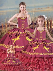 Custom Designed Embroidery and Ruffled Layers 15 Quinceanera Dress Burgundy Zipper Sleeveless Floor Length