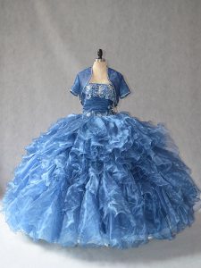 Enchanting Blue Side Zipper Sweetheart Beading and Ruffles Quinceanera Dress Organza Sleeveless