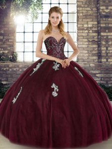 Burgundy Lace Up Ball Gown Prom Dress Beading and Appliques Sleeveless Floor Length