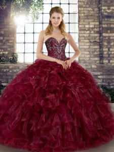 Burgundy Ball Gowns Sweetheart Sleeveless Organza Floor Length Lace Up Beading and Ruffles Quinceanera Gowns