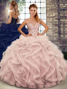Pink Sleeveless Tulle Lace Up Sweet 16 Dress for Military Ball and Sweet 16 and Quinceanera