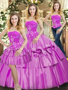 Smart Floor Length Lilac Quinceanera Dresses Strapless Sleeveless Lace Up