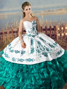 Sweetheart Sleeveless Satin and Organza Vestidos de Quinceanera Embroidery and Ruffles Lace Up