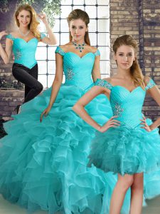 Off The Shoulder Sleeveless Organza Quinceanera Gowns Beading and Ruffles and Pick Ups Lace Up