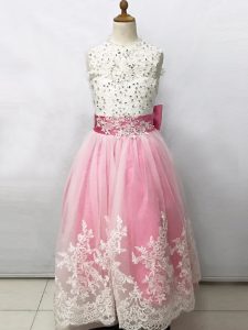 Best Pink And White Sleeveless Tulle Lace Up Flower Girl Dresses for Less for Wedding Party