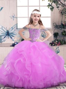 Lilac Ball Gowns Straps Sleeveless Tulle Floor Length Lace Up Beading Little Girls Pageant Gowns