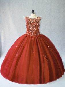 Gorgeous Rust Red Scoop Neckline Beading Quinceanera Dress Sleeveless Lace Up