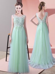 Apple Green Empire Scoop Sleeveless Tulle Brush Train Zipper Beading and Lace Dama Dress