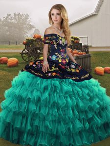 Customized Turquoise Ball Gowns Off The Shoulder Sleeveless Organza Floor Length Lace Up Embroidery and Ruffled Layers Sweet 16 Dresses