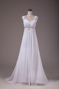 Enchanting Brush Train Empire Wedding Dresses White Straps Chiffon Sleeveless Lace Up