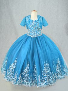 Customized Floor Length Baby Blue Girls Pageant Dresses Spaghetti Straps Sleeveless Lace Up