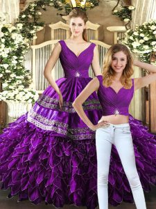 Designer Organza Sleeveless Floor Length Sweet 16 Quinceanera Dress and Beading and Embroidery and Ruffles