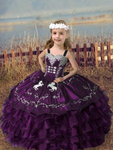 Dark Purple Ball Gowns Embroidery and Ruffled Layers Little Girls Pageant Gowns Lace Up Organza Sleeveless Floor Length