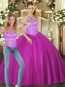 Fuchsia Sleeveless Floor Length Beading Lace Up Ball Gown Prom Dress