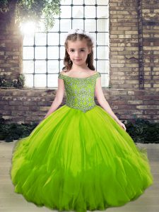 Superior Green Sleeveless Tulle Lace Up Little Girl Pageant Gowns for Party and Wedding Party