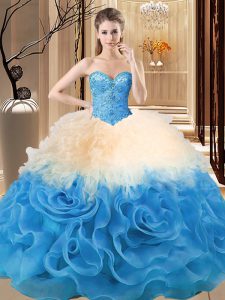 Beauteous Sleeveless Organza and Fabric With Rolling Flowers Floor Length Lace Up 15th Birthday Dress in Multi-color with Beading and Ruffles